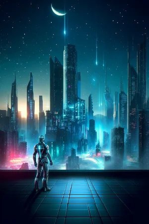 DALL·E 2024-05-14 23.06.24 - A movie poster for a sci-fi themed film. The image features a futuristic cityscape with towering skyscrapers under a neon-lit sky. In the foreground,