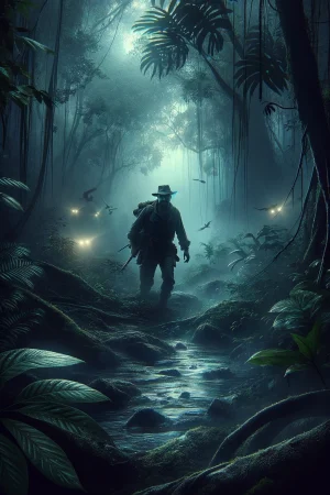 DALL·E 2024-05-14 23.14.46 - Create a highly realistic and darker-themed movie poster for an adventure film set in a dense jungle at twilight. The poster should feature an explore